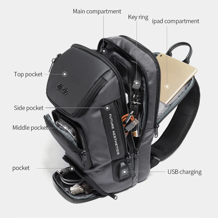 Bolso de pecho multifunción USB para hombre, bandolera de hombro antirrobo, impermeable, de viaje corto, de alta calidad