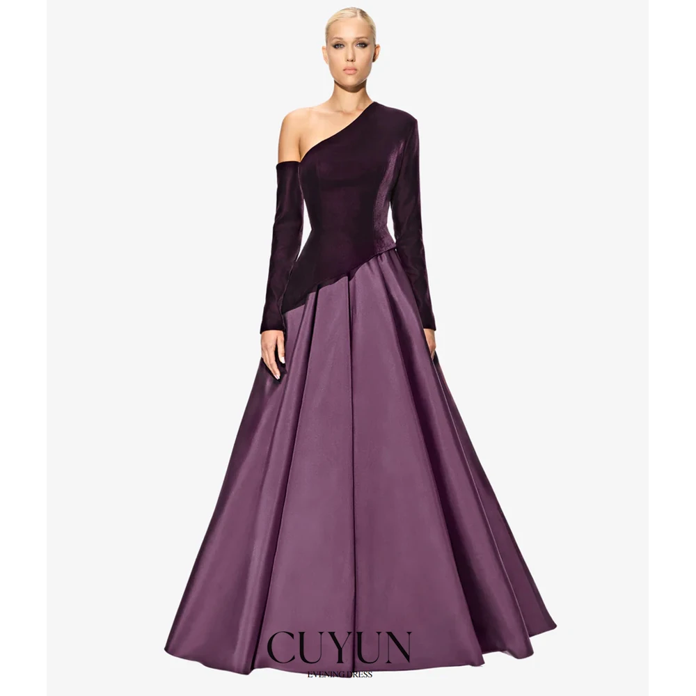 

CUYUN One Shoulder Purple Evening Dresses Women Elegant Party Dresses Customized A Line Contrast Color Formal Occasion Gown
