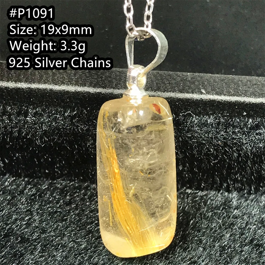 Natural Gold Rutilated Quartz 925 Silver Chain Pendant For Women Men Reiki Luck Gift Crystal Beads Royal Gemstone Jewelry AAAAA