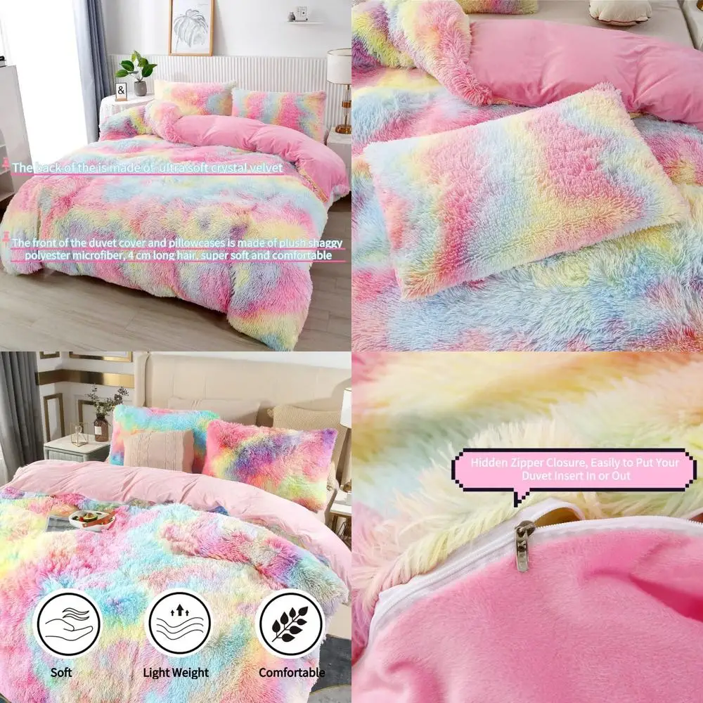 

3-Piece Ultra Soft Long Hair Plush Shaggy Duvet Cover Set with Pillowcases, Colorful Tie-Dye Look Velvet Bedding, Hidden Zipper