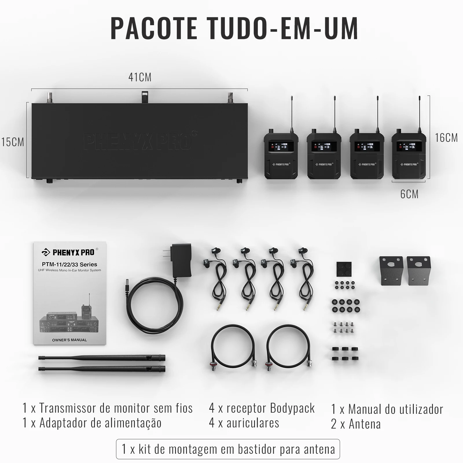 Phenyx Pro Quad-Kanaal 500Mhz Mono Draadloos In-Ear Monitor Systeem W/4 Loop Uitgangen Uhf Frequenties Rack Mount Voor Studio/Band