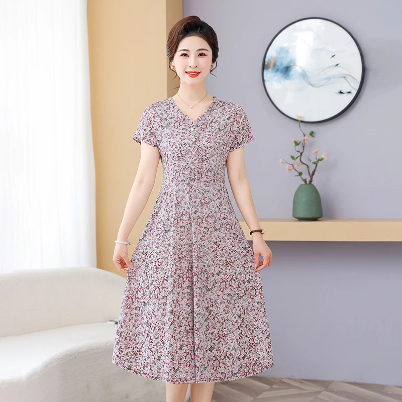 Robe mi-longue décontractée à col rond pour femme, vêtement à fleurs cassées, élégant, cordon de serrage, manches courtes, coréen, basique, ligne a, taille, été