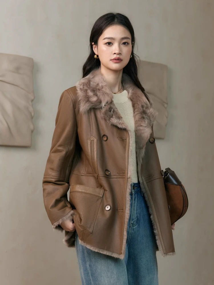 High-end หรูหราของแท้หนัง Lamb FUR ฤดูหนาวแจ็คเก็ตผู้หญิง Simple VINTAGE Double Breasted หนา WARM ขนสัตว์จริง Coat