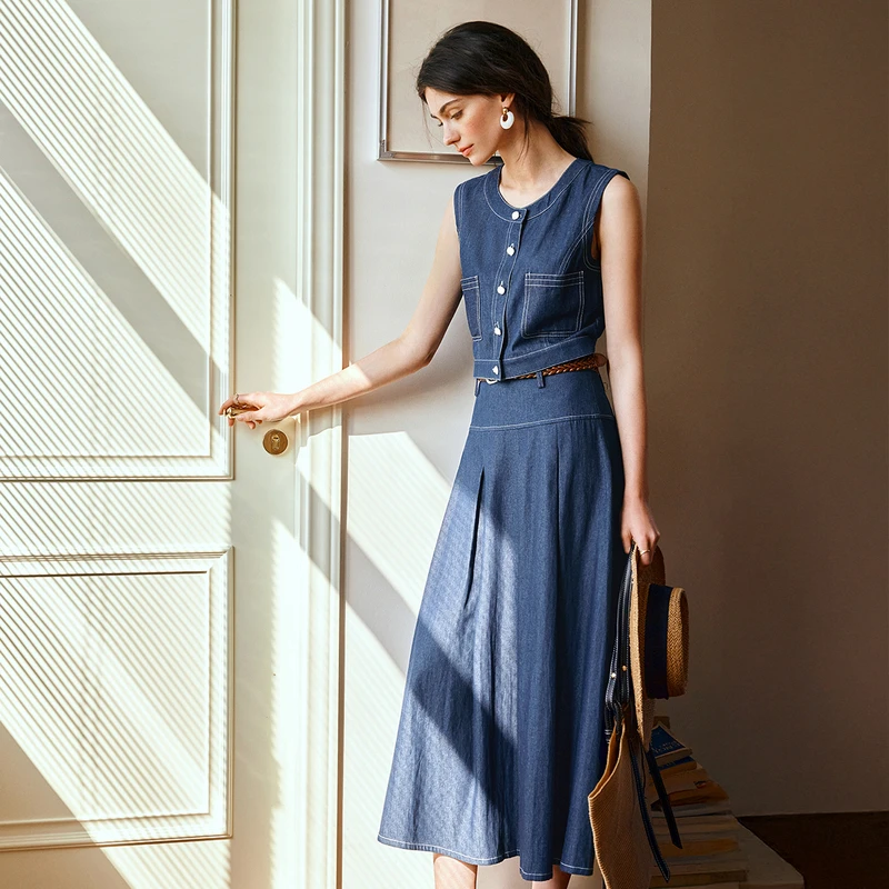 OLrain المرأة الصيف الدنيم تنورة دعوى 2025 السيدات أنيقة الفرنسية الرجعية صدرية ألف خط تنورة قطعتين ملابس امرأة O57XE98012