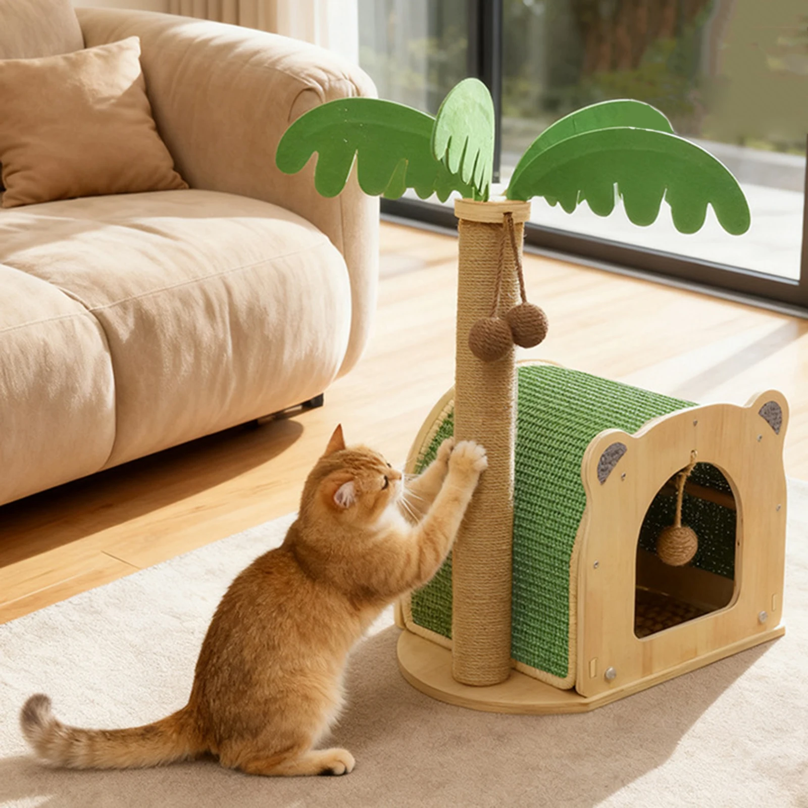 

Coconut Tree Wooden Cat Scratcher Toy Hammock Small Cat Tower with Hanging Balls Cat Toy Wooden Interactive for Indoor Cat Toys