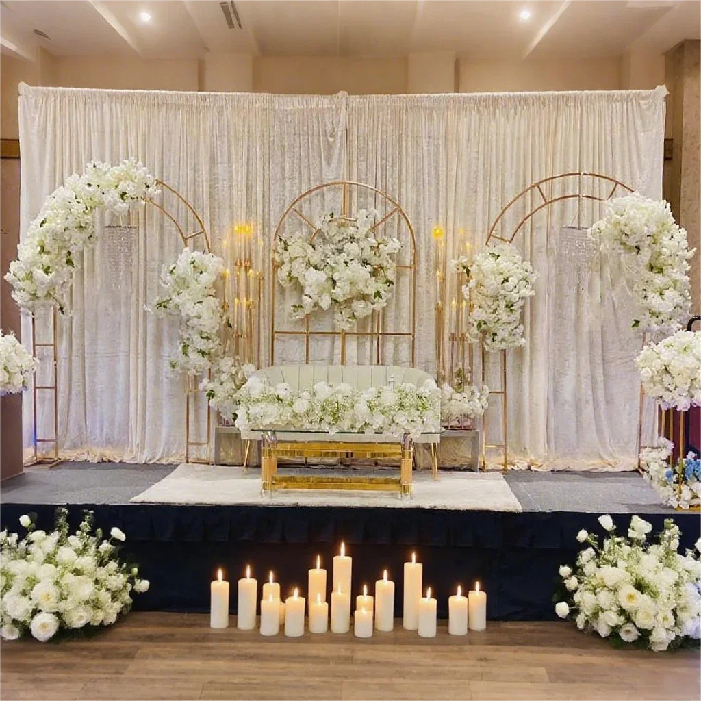 Hochzeits- und Festival-Außendekoration: Schmiedeeiserner Bogen + Bühnenraster-Hintergrundrahmen im Waldstil für Feiern