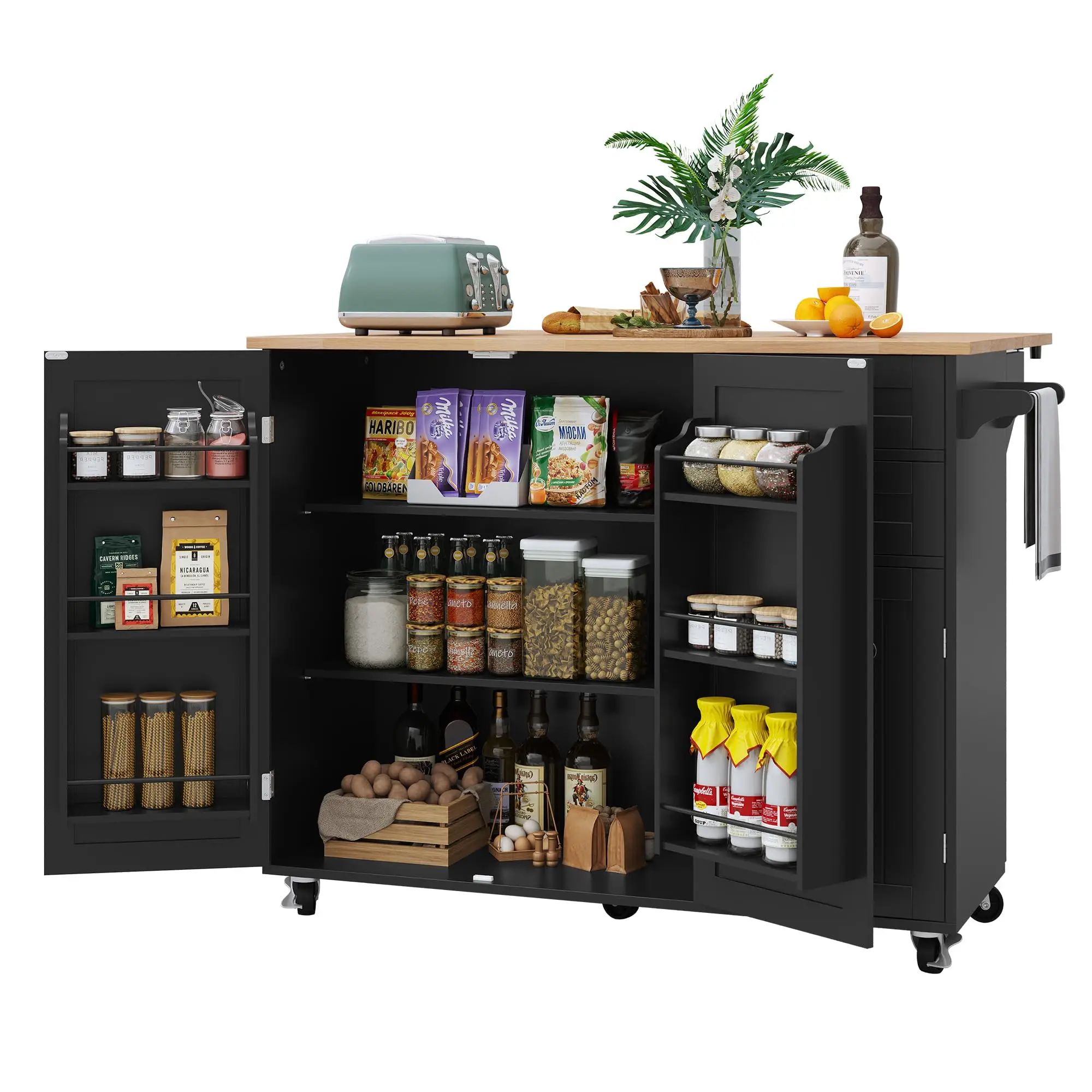 Kitchen Island with Storage, Black Rolling Kitchen Island on Wheels with Drop-Leaf Bar Countertop, Island Table for