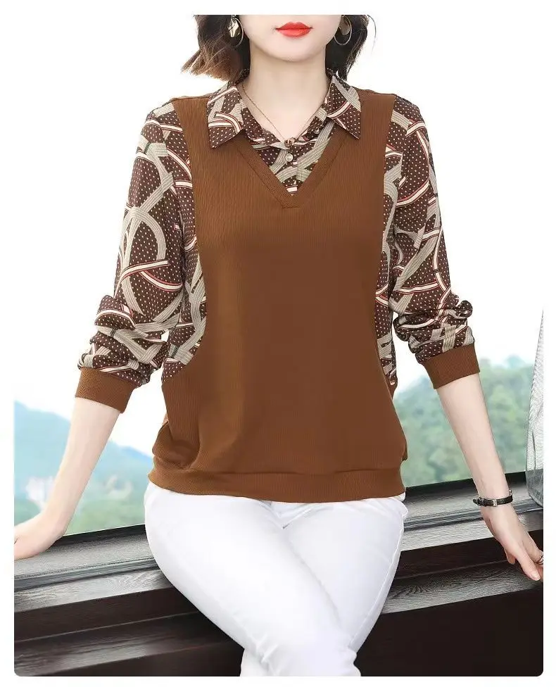 2023 New Autumn Comfortable Foreign Style Pullover Print Button Fake Two Long Sleeve Commuter Middle Aged Mom Casual Shirts