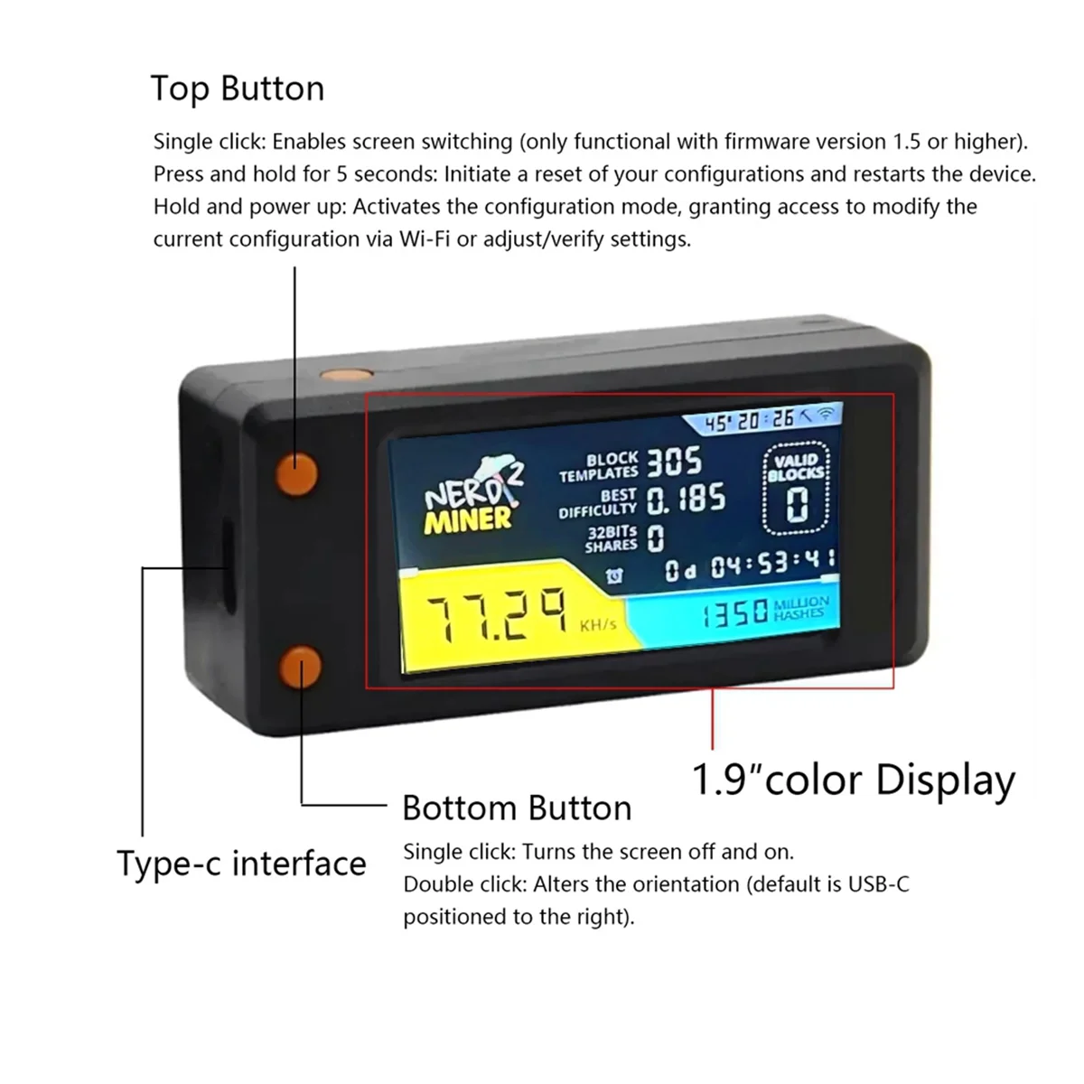 SuperDeals Nerdminer V2 78KH/S BTC ソロ宝くじマイナー LCD ディスプレイ付き ビットコイン BTC 暗号マイナー ASIC マイニング マイナー サイレント マイナー