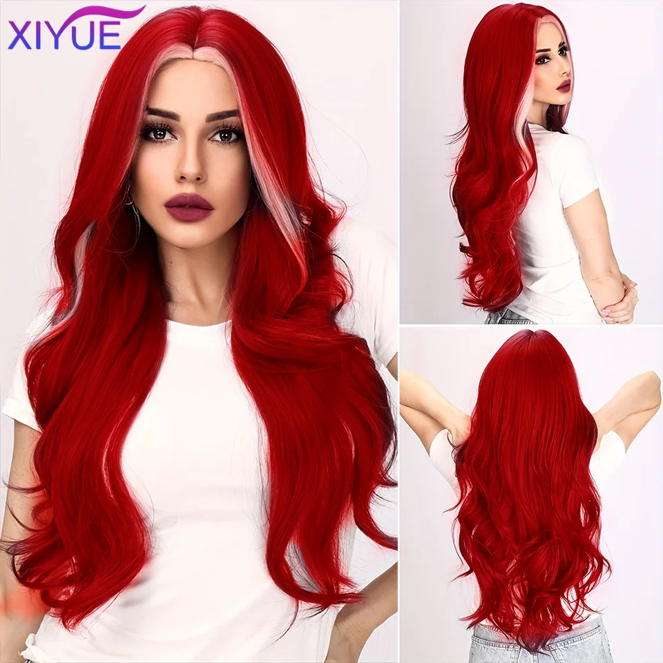 

XIYUE Wine Red Wigs for Women Long Burgundy Wavy Wigs with Bangs Cosplay Party Daily Wig Synthetic Fake Hair High Temperature