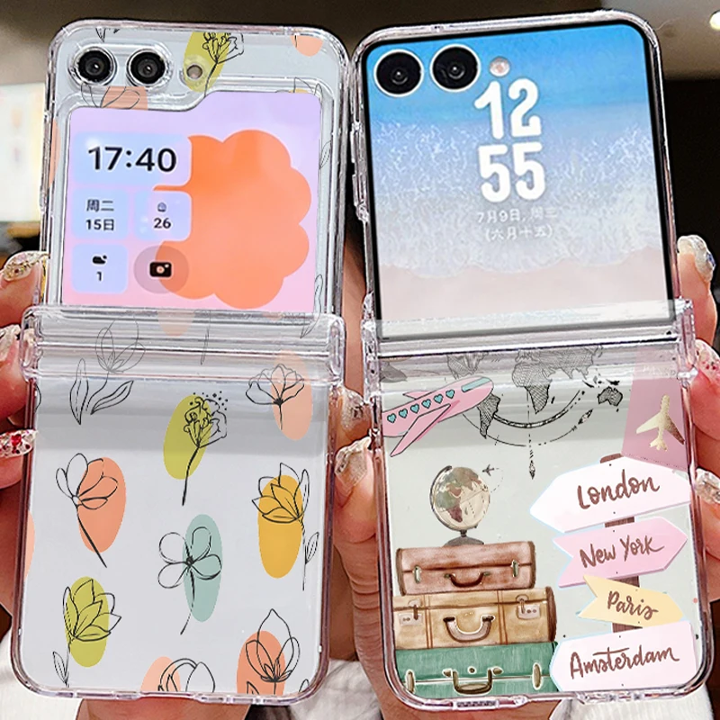 Flower Travel Landmark Pattern Phone Case For Samsung Galaxy Z Flip 7 6 5 4 3 5G Flip7 Flip6 Shockproof Clear Folding Hard Cover