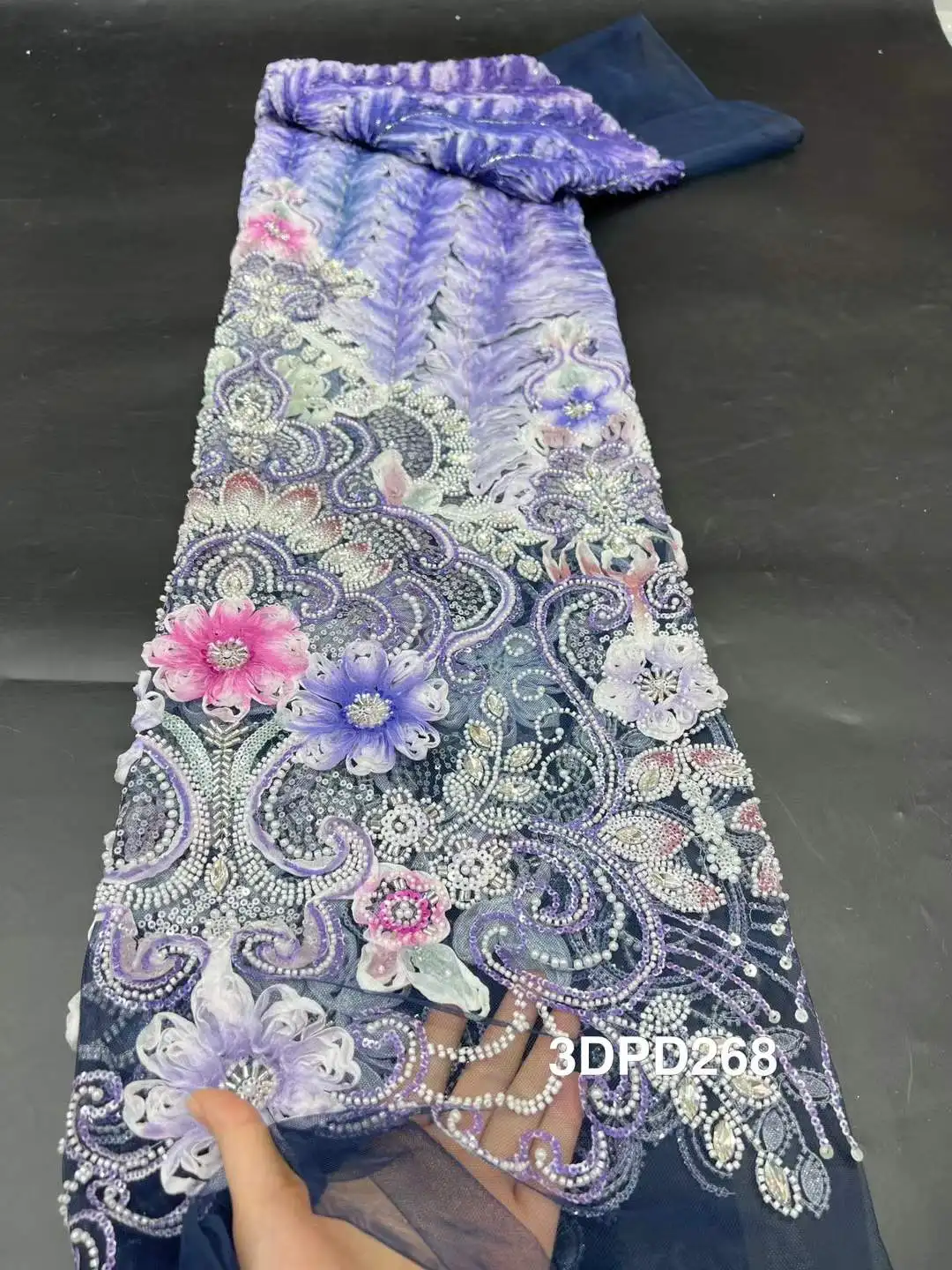 

Элитная африканская кружевная ткань 2026 года, высококачественная, 5 ярдов, нигерийская, элегантная, вышитая цветочная кружевная ткань с бисером для праздничного платья