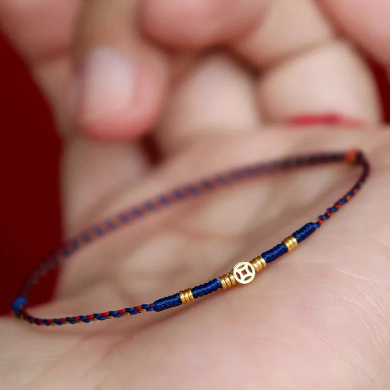 Copper Coin Woven Bracelet Red Blue Color Matching Adjustable Transfer Lucky Beads Ancient Style Extremely Thin Couple Bracelet