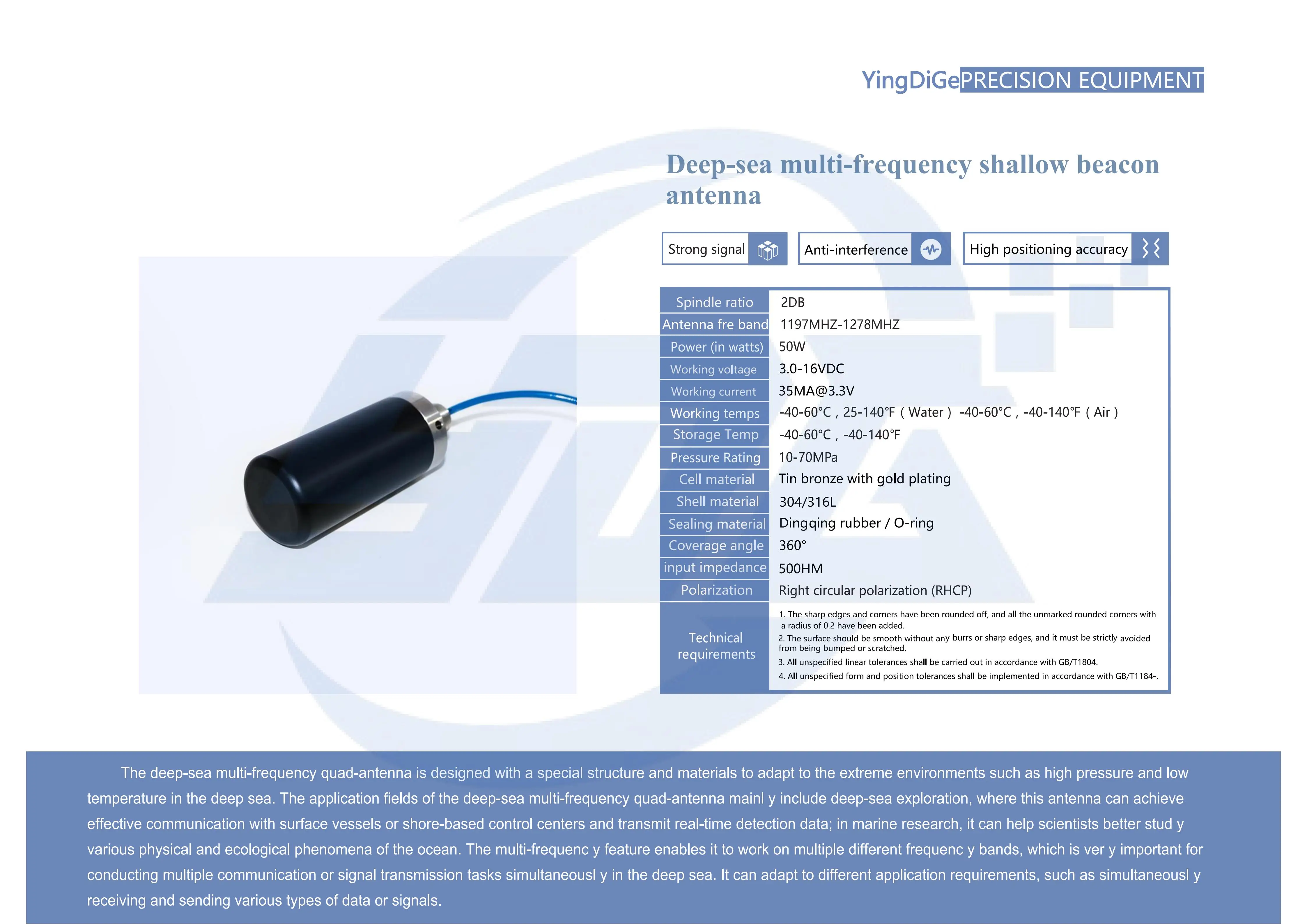 Combo Pressure Tolerant Multi Frequency Shallow Water Underwater Locator Beacon Antenna High Sensitivity Marine Subsea