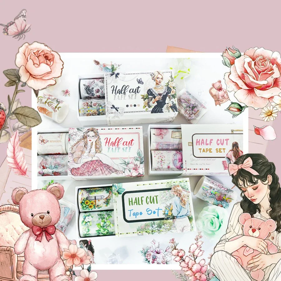 4Pcs Matte Pajama Lady PET Tape PreCut Flower Decorations Transparent Masking Tape for Stickers Scrapbooking Journal Diary Decor