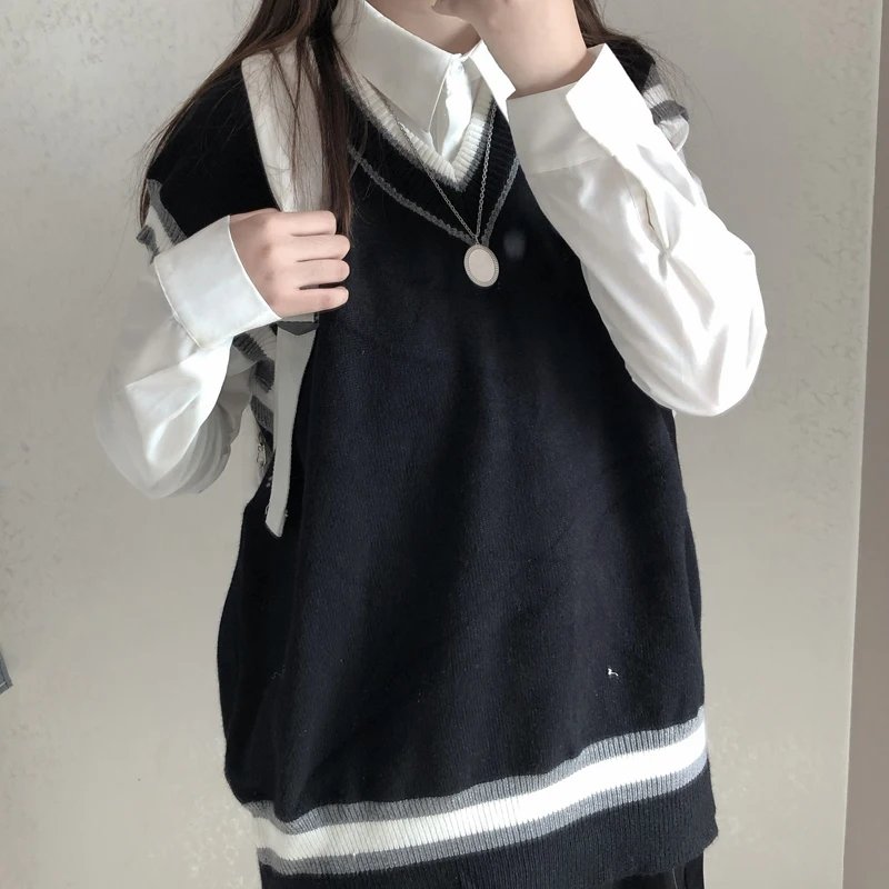 

Women's Knitted Svel Vest Top And irt Two-Piece Set Autumn Spring College Sle Versatile Color V-Ne No Button