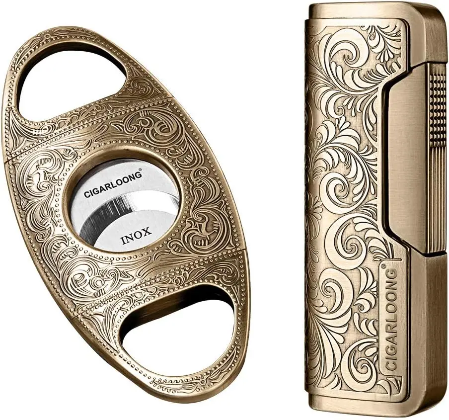 

Premium Cigar Cutter and Lighter Set with Sharpening Blade, Engraved Guillotine Design