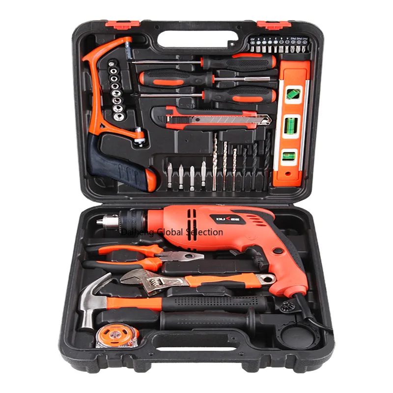 Conjunto de ferramentas domésticas, caixa de ferramentas, eletricista, marcenaria, manutenção manual, conjunto combinado de furadeira elétrica, ferram