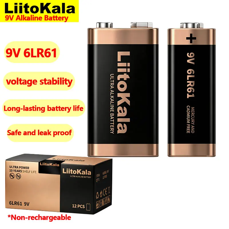 

LiitoKala 9V 6LR61 Alkaline Non Rechargeable Battery, Leakproof Hg Cd Free, 10Y Shelf Life for Multimeter,12Pcs/Box