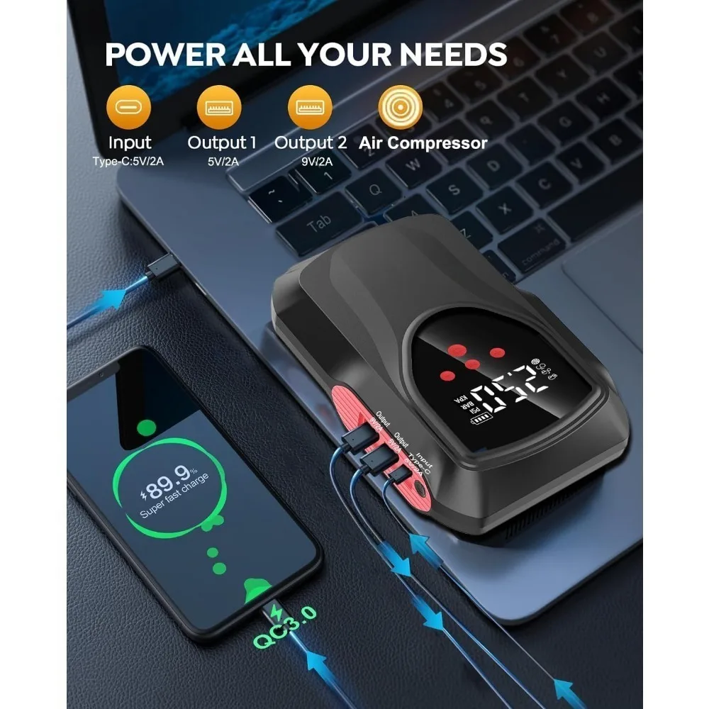 Avviatore di emergenza con compressore d'aria, avviamento di ponticello per batteria per auto portatile 3000A 150PSI 9.0L Gas/8L Diesel, caricabatteria 12V