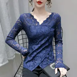 Elegant Woman Irregular Fashion T-Shirt Spring Summer Long Sleeve V-Neck Hook Flower Hollow Y2K Sexy Slim Female Lace Thin Tops
