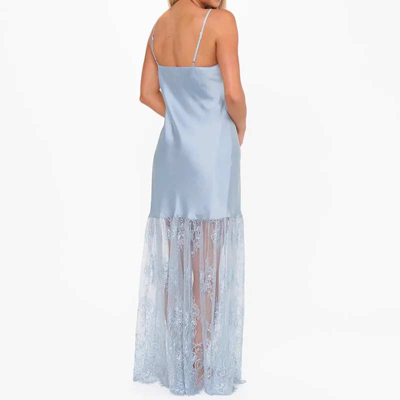 우아한 여성 웨딩 게스트 드레스 브라이덜 샤워 레이스 트림 새틴 실크 맥시 드레스 여성용 칵테일 이브닝 가운 롱 드레스