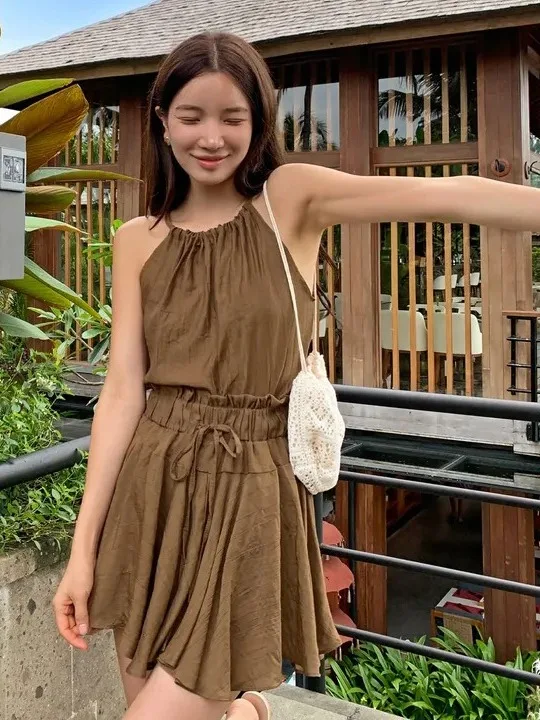 Haut court Sexy et polyvalent pour femmes, avec cordon de serrage, bourgeon de fleur, jupe taille haute, ensemble assorti