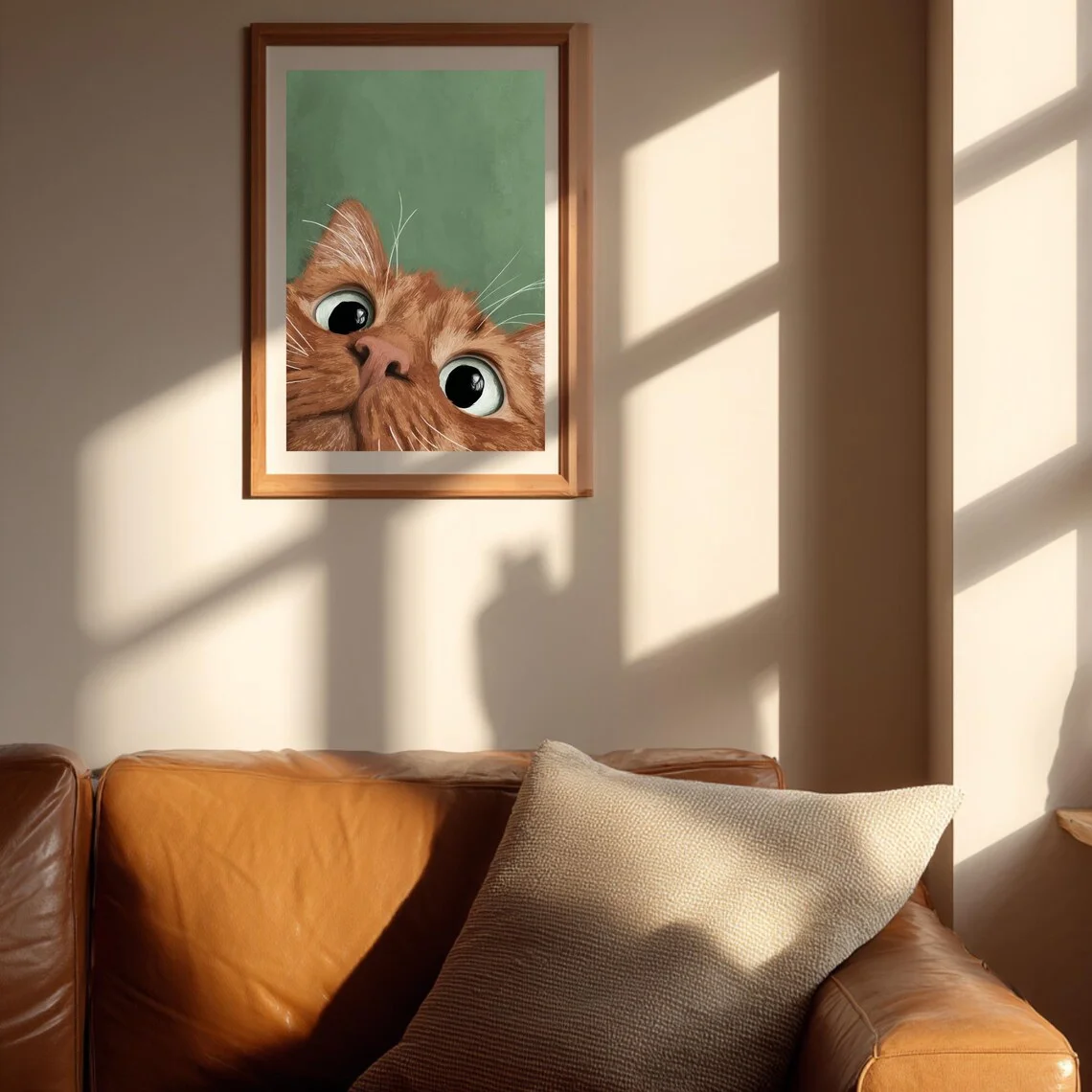 Funny Cat Close Up Wall Art – Cute Orange Tabby Print, Whimsical Pet Portrait, Playful Cat Poster, Nursery or Living Room Decor