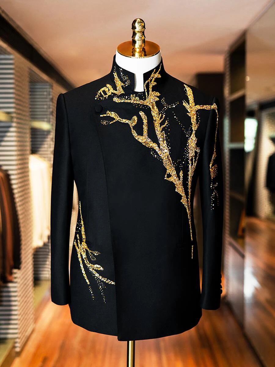Fashion Stand Collar Handmade Beaded Suit Jackets Men's 2025 Spring New High-end Long Sleeve Blazers Male Stylish Tailored Coats