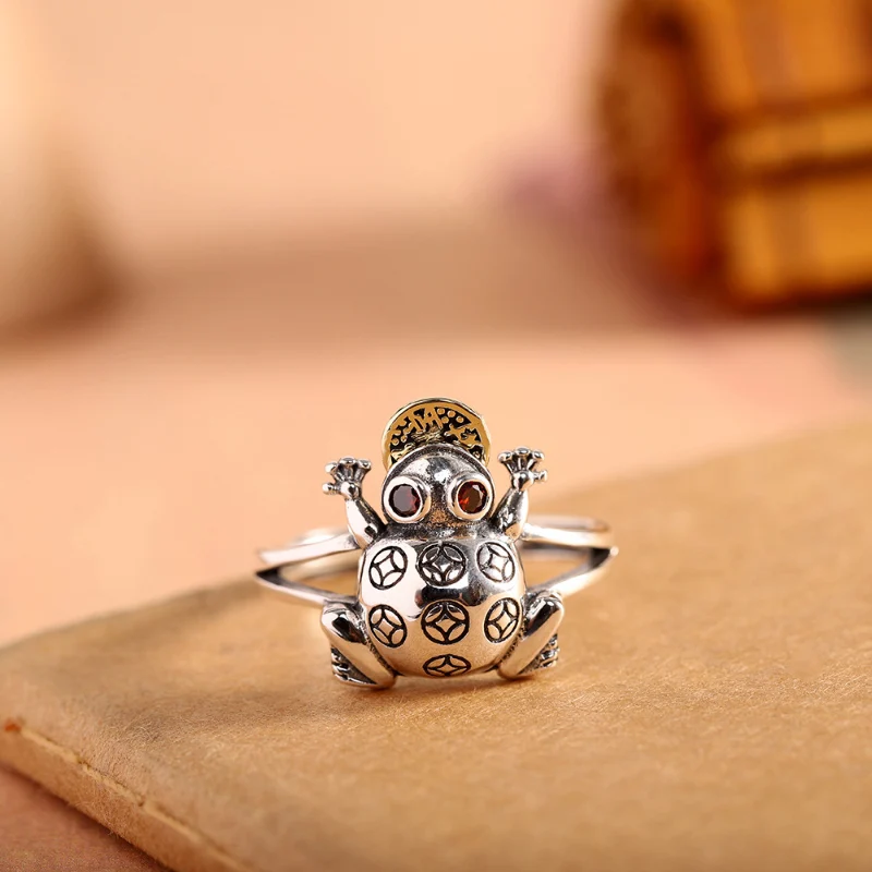 Unique Design Gold Toad Rings for Women 925 Silver Vintage Ethnic Style Red Crystal Copper Coin Ring Adjustable Opening Jewelry