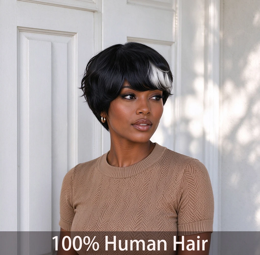 Short Straight Pixie Cut Human Hair Wig for Women with Bangs Human Hair 180% Remy Human Hair Wig Full Machine Made Holiday Wear