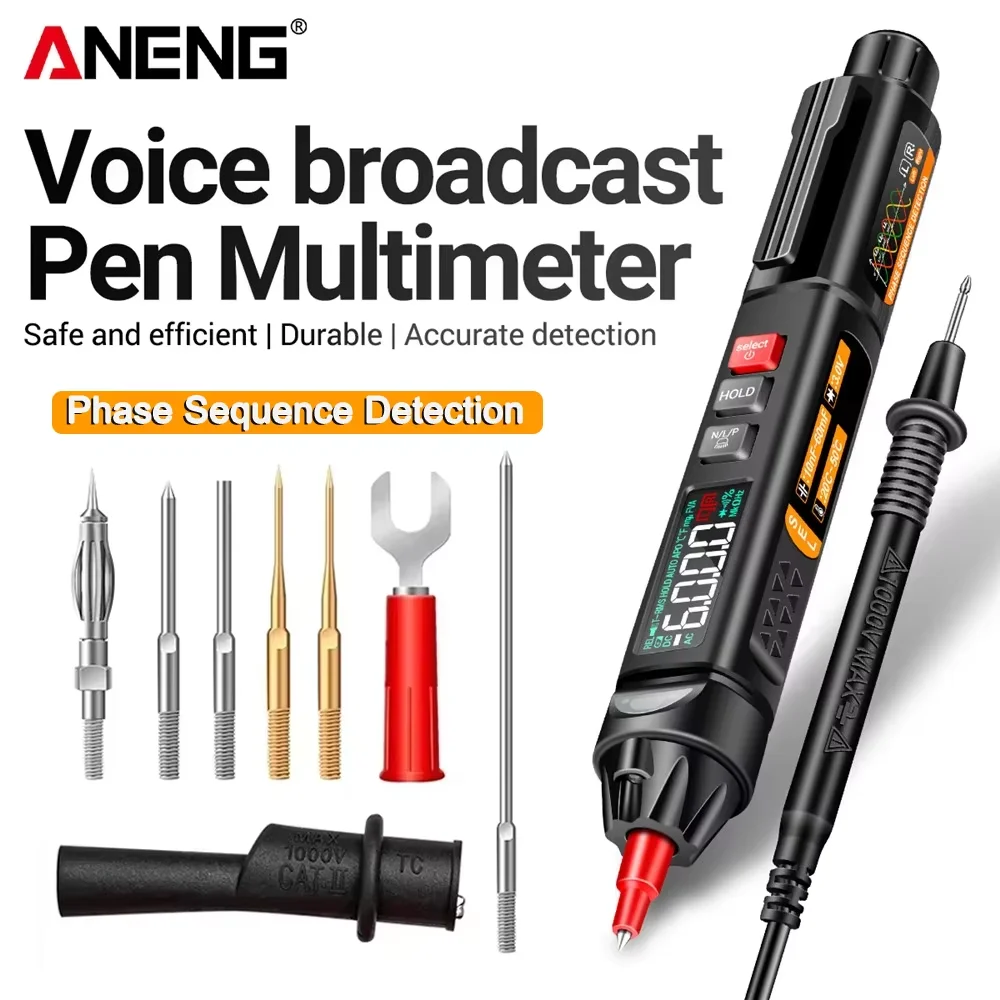 Multimètre numérique intelligent ANENG A3009 avec fonction vocale, test de tension CC/CA, diode, buzzer, Hz, capacitance, Ohm, NCV et mesure par induction