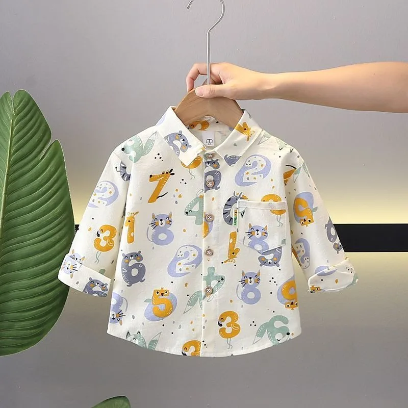 100% Cotton Boy's Cartoon Printed Spring Fall Toddler Shirt Stylish Cute Kids' Tops for School Play Anti Wrinkle Easy Care