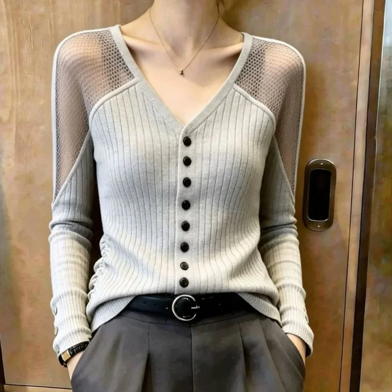 Light Grey V Neck Knit Cardigan Sheer Mesh Spliced Sleeves Slim Fit Button Up Top Long Sleeve Women Fashion Spring Autumn
