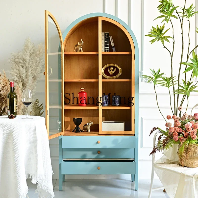 

SM living room wall-mounted glass door drawer locker retro style arched wine cabinet multi-layer bookshelf