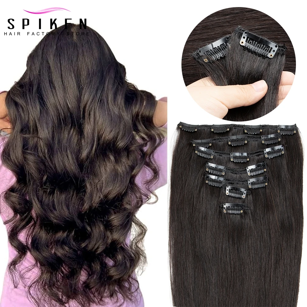 

SPIKFN 12"-24" Clip In Human Hair Extensions 7pcs set Natural Real Hair Extension Machine Remy Clip-On HairPiece Full Head