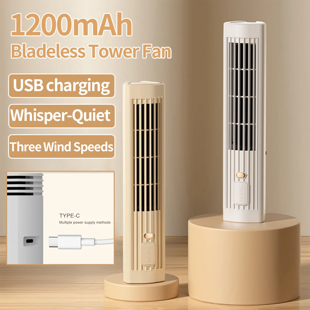 1200mAh Bladeless Tower Fan USB Rechargeable Portable Desk Fan Table Fan Mini Vertical Air Conditioner for Home Dorm