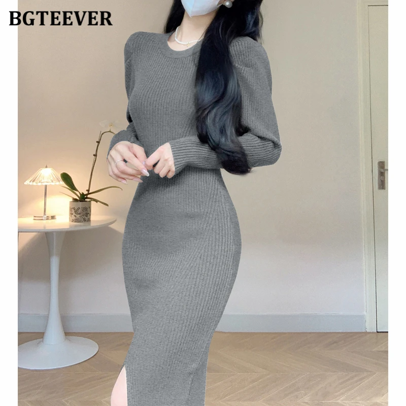 Bgteever Herbst Winter Puff ärmel weibliches Paket Hüft strick kleid elegantes O-Ausschnitt schlanke Taille Frauen Split Bodycon Pullover Kleid