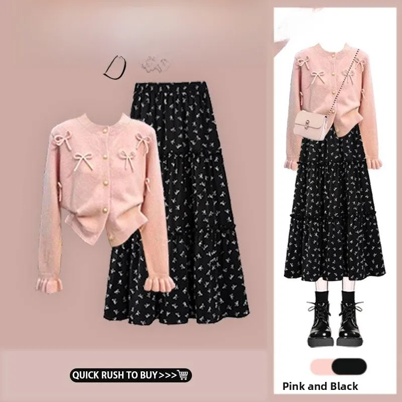 

Women's Knitted Cardigan with Knot round Neck Long Sleeve Autumn Fashion Set with High Waist Floral Skirt