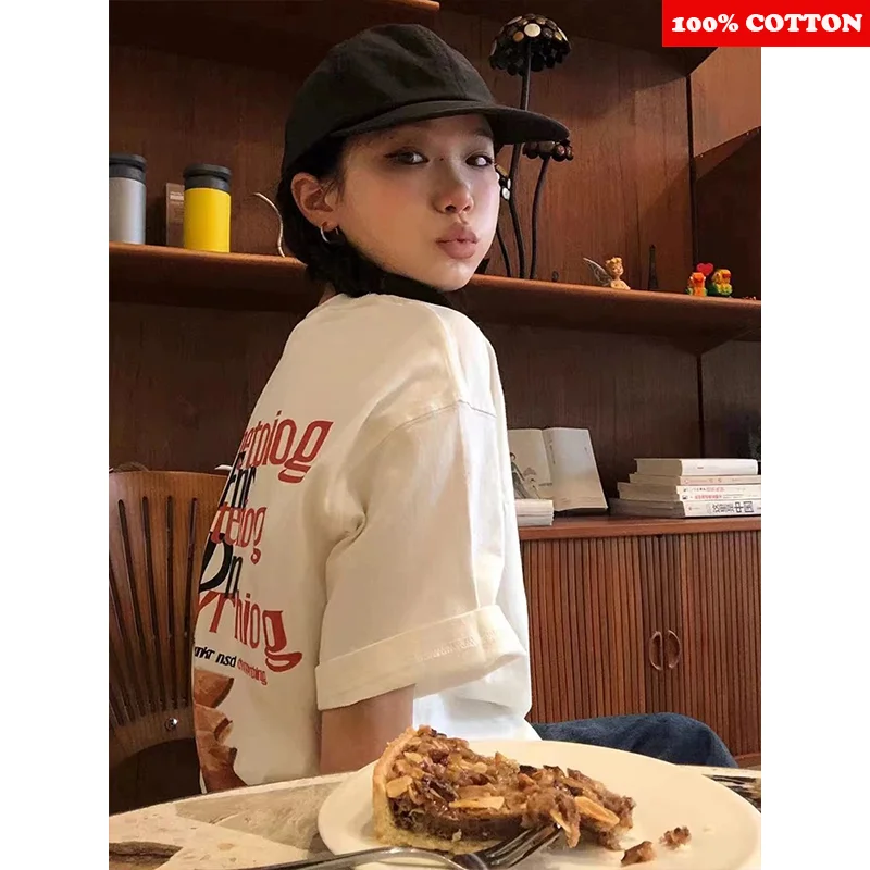 เสื้อยืดผ้าฝ้าย 100% ผู้หญิงฤดูร้อน 2025 ใหม่อเมริกันแฟชั่นแขนสั้นรูปแบบพิมพ์เสื้อยืดรอบคอหญิงเสื้อผ้า