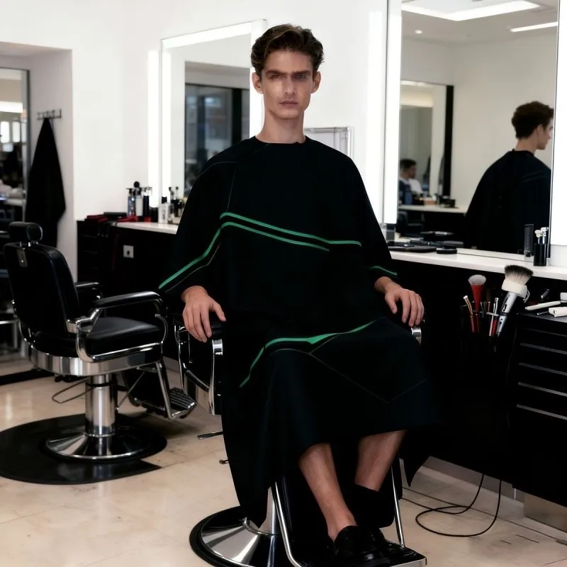 Black Line Style Hair Salon Robe Breathable Non Stick Hair Cutting Apron Barber Shop Cloak Tools Hairdressing Workwear Hat