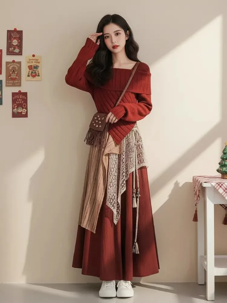 Set di pezzi di maglietta rossa casual lavorata a maglia per le donne, anti-età, dimagrante, per il tempo libero, gonna, pantaloni, tenda, set per il conto alla rovescia di Capodanno