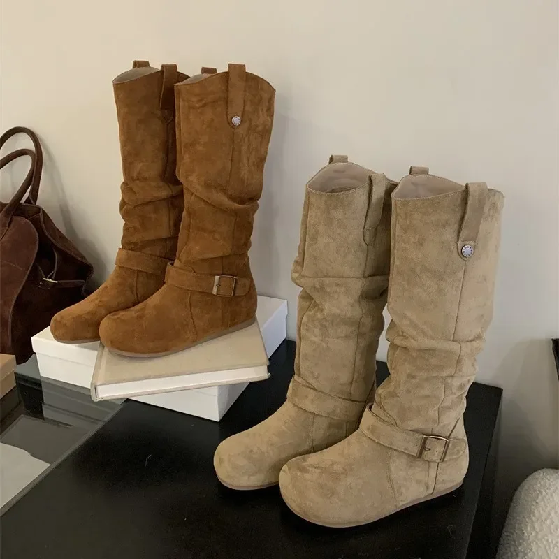

Long Boots for Women Fashion Suede Elegant Flats Shoes 2025 Winter Casual New Trends Knee Boots Designer Buckle Zapatos De Mujer