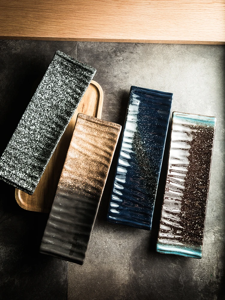 

Japanese plate Rectangle ceramic strip vegetable plate Dim sum Western food Sushi fish Dim sum plate Tableware dumpling