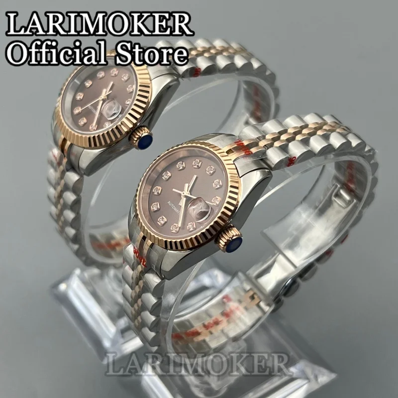 LARIMOKER 26mm 28mm Two Tone Rose Gold Women's Luxury Mechanical Watch NH05 Movement Brown Dial Sapphire Crystal Waterproof Date