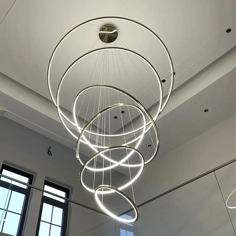 ouro luxo sala de jantar led escurecimento sistema duplex villa escada grande lustre circular alta sala estar lampada novo 01