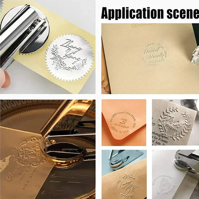 Imagem -04 - Biblioteca Personalizada Embossed Stamp Embossing Seal Logotipo da Empresa ou Universidade Embosser do Emblema da Escola 100 Pcs Adesivos para o Presente