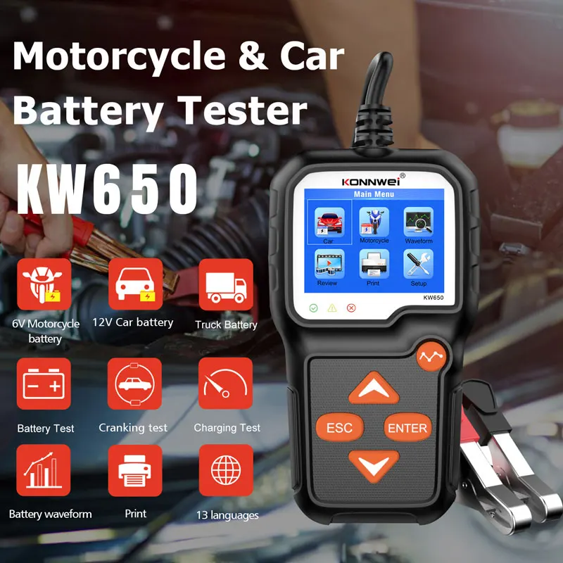 

KONNWEI KW650 12V Car Battery Tester 6V Motorcycle Battery System Analyzer 100-2000 CCA Auto Moto Cranking Charging Test Tools