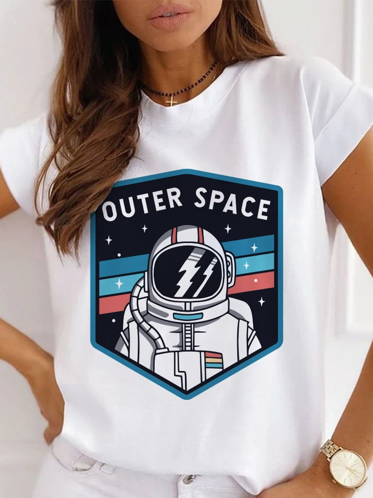 Cute Print T Shirt Astronaut O-neck Loose Summer White Tee Top Ladies Clothes Casual Short Sleeve Tshirt Camisetas De Mujer