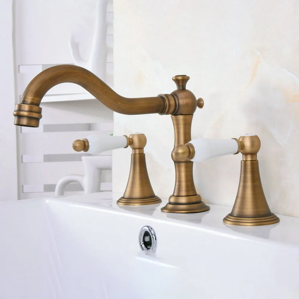 

Antique Brass Double Handle Basin Faucet Deck Mounted Bathroom Tub Sink Mixer Taps Widespread 3 Holes zan084